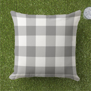 Trolley Grey and White Gingham Check Buffalo Plaid Outdoor Pillow