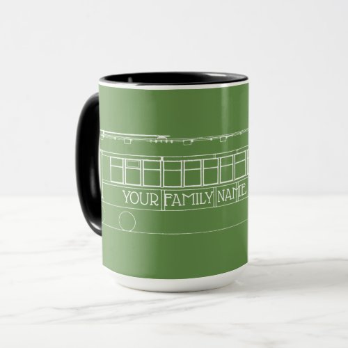 TROLLEY TRAIN STREETCAR white YOUR FAMILY NAME Mug