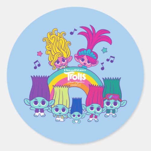 Trolls Band Together  Tiny Trolls Group Rainbow Classic Round Sticker