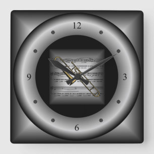 Trombone ~ 3-D Sheet Music ~ Pillow Silver/Black ~ Square Wall Clock