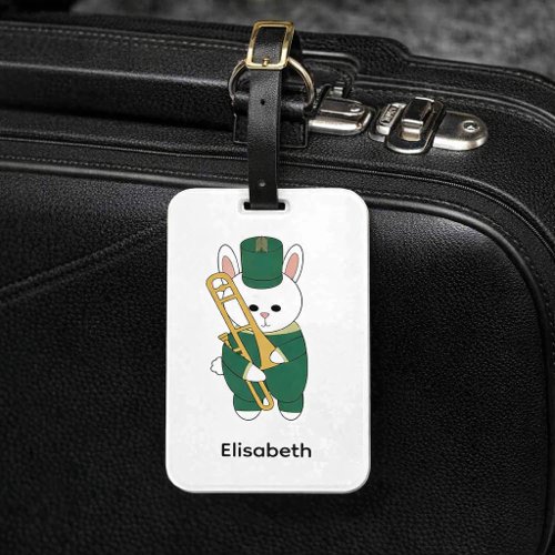 Trombone Band Bunny Rabbit Green Gold Personalize Luggage Tag
