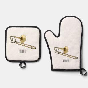 Trombone cartoon illustration oven mitt & pot holder set