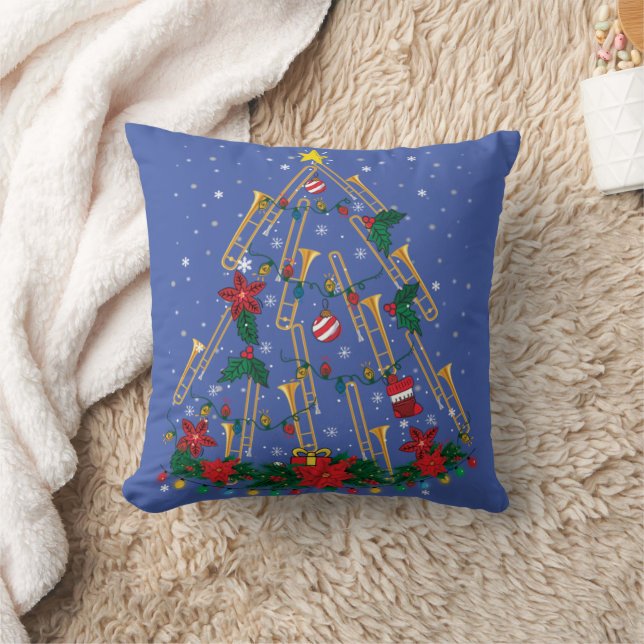 Trombone Christmas Tree Ornaments Funny Music Band Throw Pillow (Blanket)