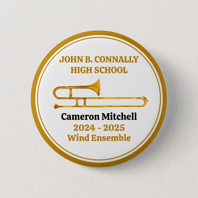 Trombone High School Band Gold Personalized Button (Front)