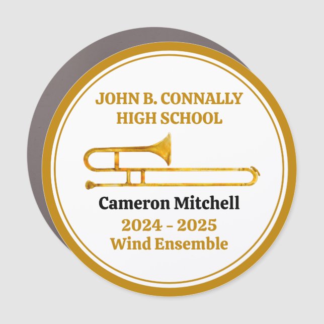 Trombone High School Band Gold Personalized Car Magnet (Front)