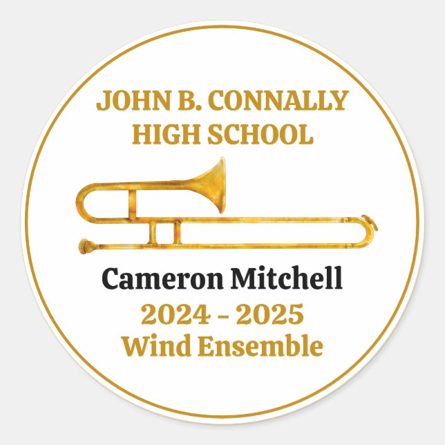 Trombone High School Band Gold Personalized Classic Round Sticker (Front)