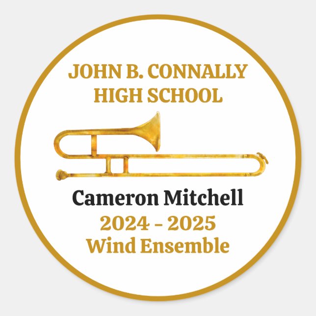 Trombone High School Band Gold Personalized Classic Round Sticker (Front)