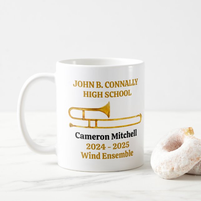 Trombone High School Band Gold Personalized Coffee Mug (With Donut)