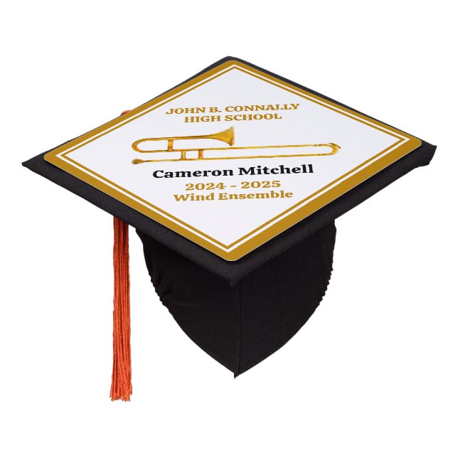 Trombone High School Band Gold Personalized Graduation Cap Topper (Angled)