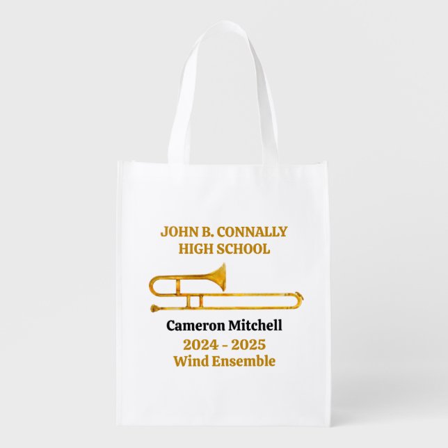 Trombone High School Band Gold Personalized Grocery Bag (Front)