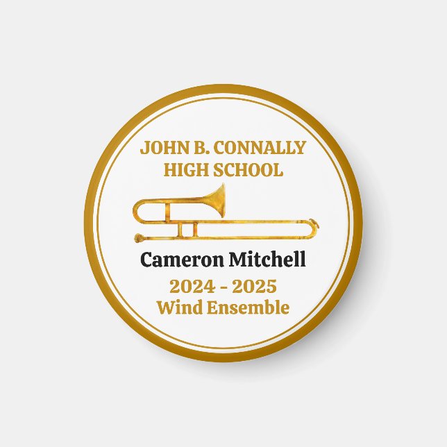 Trombone High School Band Gold Personalized Magnet (Front)
