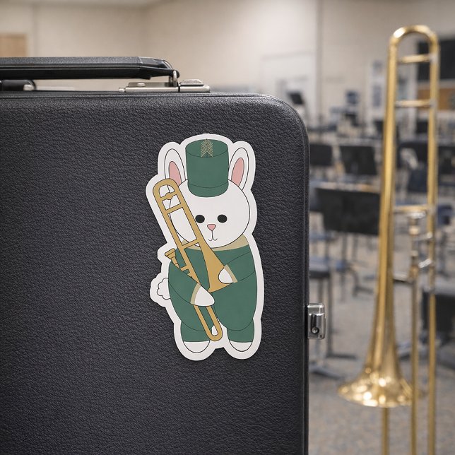Trombone Marching Band Rabbit Green and Gold Sticker (A sticker of a trombone holding bunny in green & gold marching band uniform.)