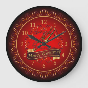 Trombone ~ Merry Christmas ~ Maroon & Black ~ Large Clock