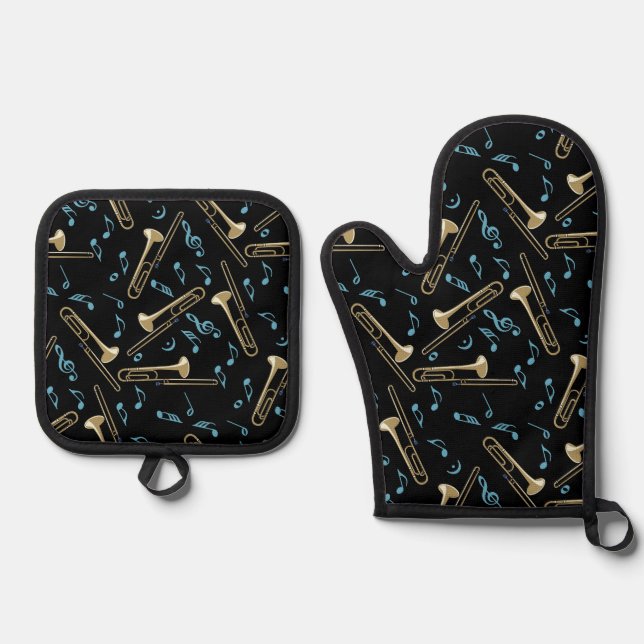 Trombone Music Notes Oven Mitt & Pot Holder Set (Front)