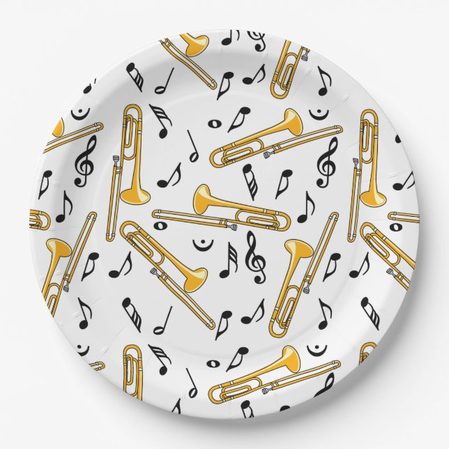 Trombone Music Notes Pattern Paper Plates (Front)