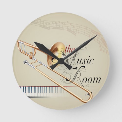 Trombone Music Room Round Clock