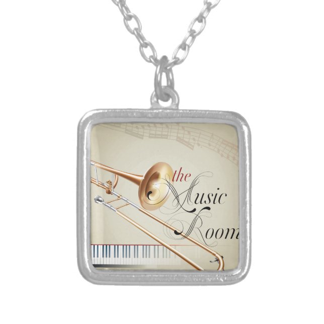 Trombone Music Room Silver Plated Necklace (Front)