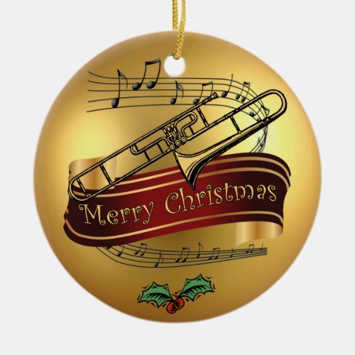 Trombone  Musical Scroll Gold Merry Christmas  Ceramic Ornament