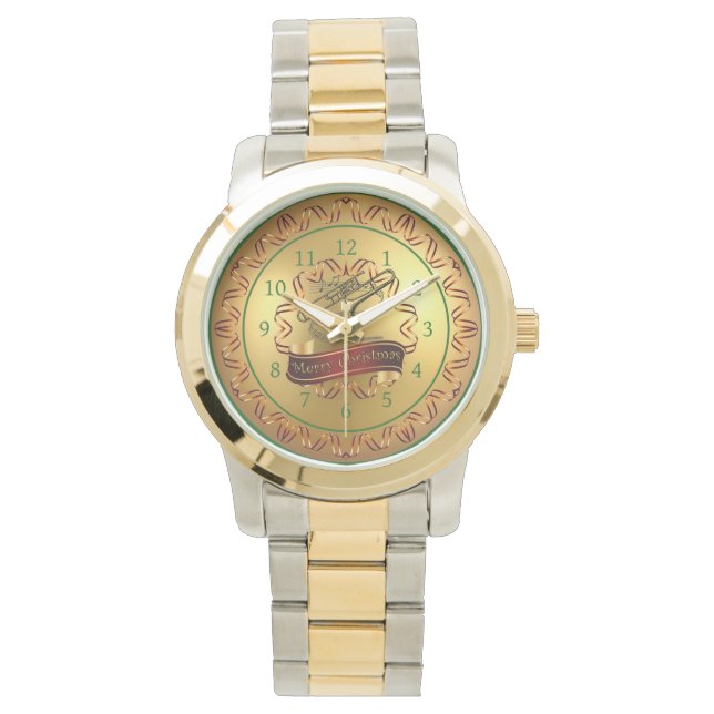 Trombone ~ Musical Scroll ~ Gold “Merry Christmas” Watch (Front)