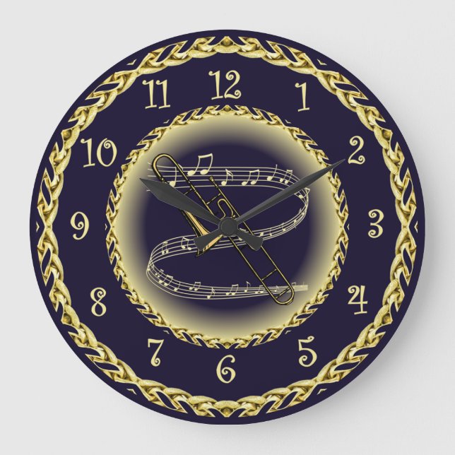 Trombone ~ Musical Scroll ~ Gold/Navy Blue ~ Large Clock (Front)