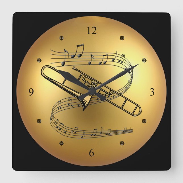 Trombone~Musical Scroll~ Golden Globe Background ~ Square Wall Clock (Front)