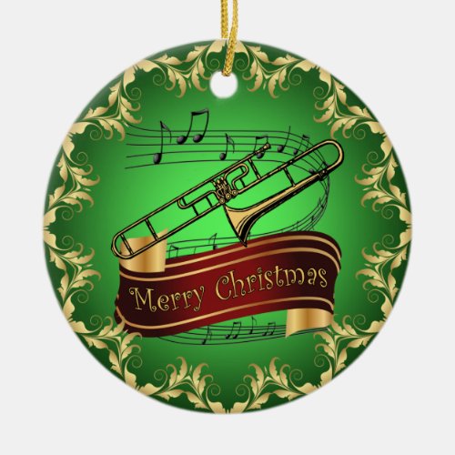 Trombone  Musical Scroll  Merry Christmas     Ceramic Ornament