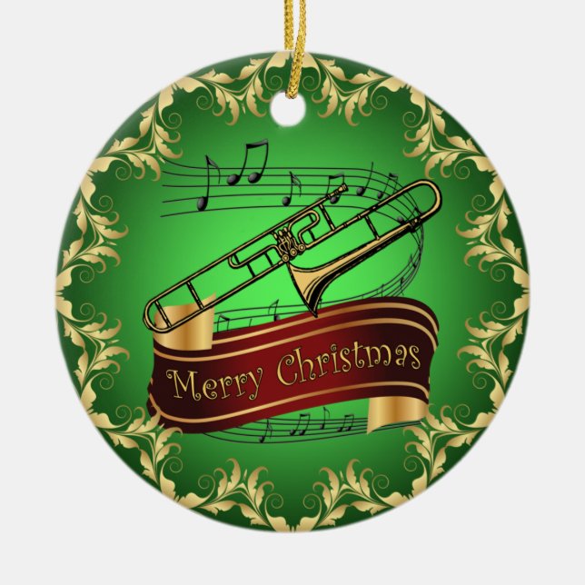 Trombone ~ Musical Scroll ~ Merry Christmas ~ * ~  Ceramic Ornament (Front)