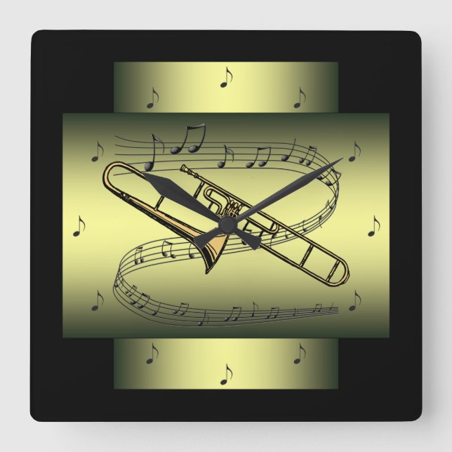 Trombone ~ Musical Swirl ~ Notes ~ * ~ Square Wall Clock (Front)