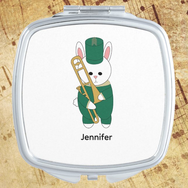 Trombone Player Bunny Gift  Musician Personalize Compact Mirror (A compact mirror with rabbit holding a trombone while dressed in green & gold marching band uniform)