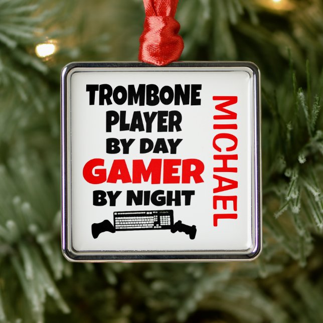 Trombone Player Loves Playing Video Games CUSTOM Metal Ornament (Tree)