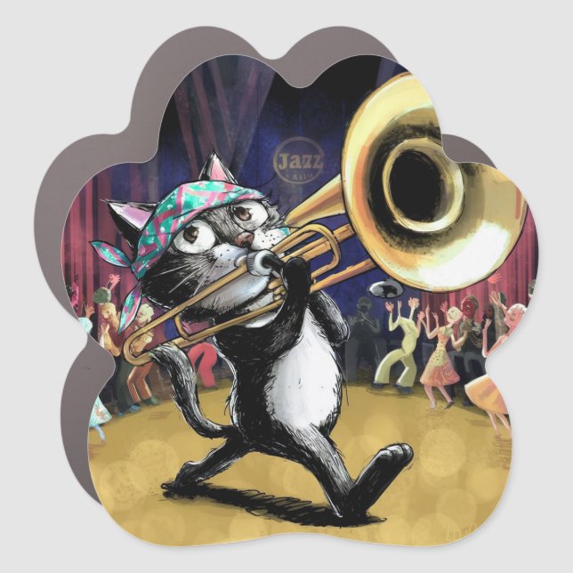 Trombone playing cool cat on the dance floor car magnet (Front)