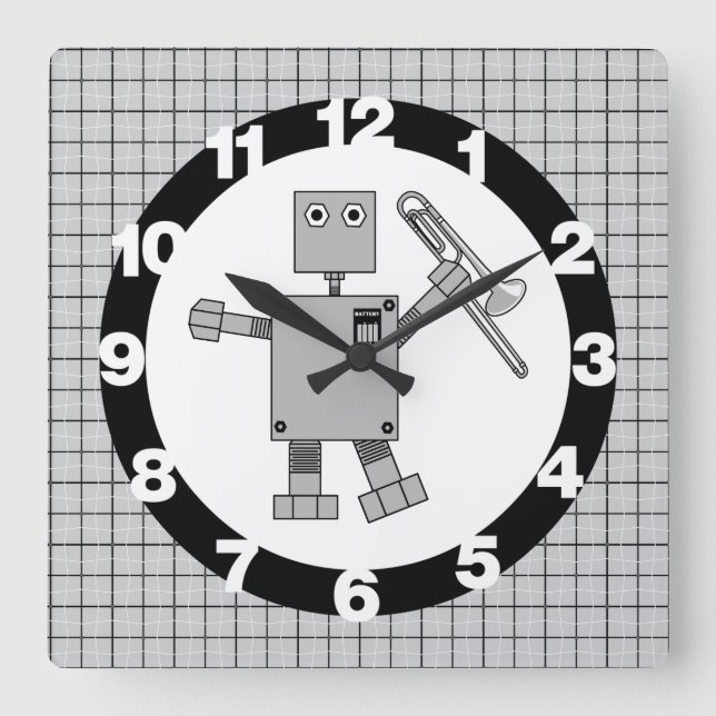 Trombone Robot Square Wall Clock (Front)
