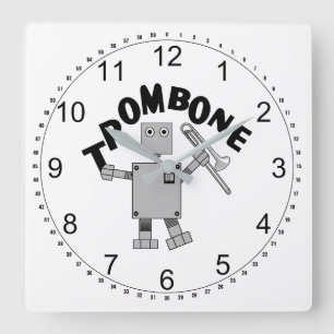 Trombone Robot Text Square Wall Clock