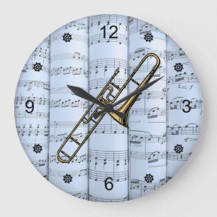 Trombone~Rolled Sheet Music~Blue Tint Background~  Large Clock