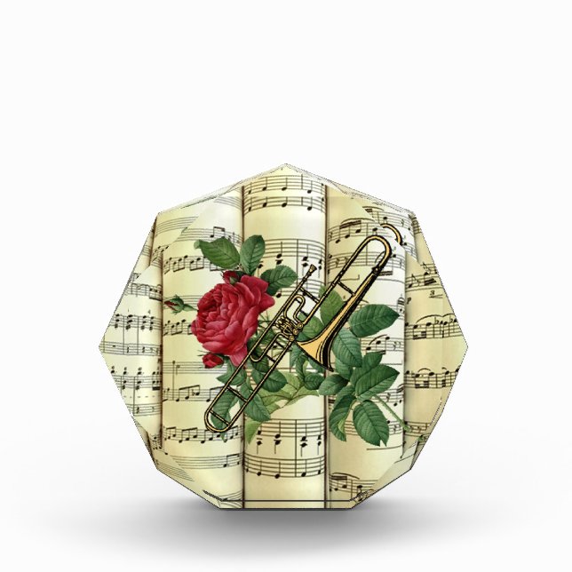 Trombone ~ Rose ~ Rolled Sheet Music ~ Acrylic Award (Front)