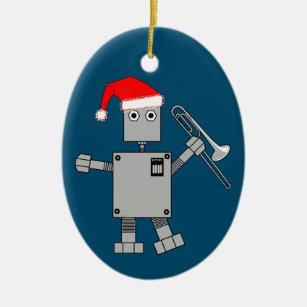 Trombone Santa Hat Robot Ceramic Ornament