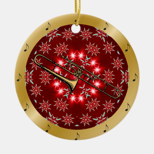 Trombone ~ Silver ~ Red~ Gold ~ Christmas ~ Ceramic Ornament (Front)