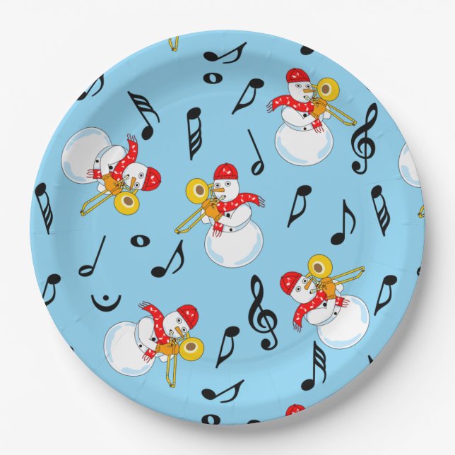 Trombone Snowman Music Notes Pattern Paper Plates (Front)