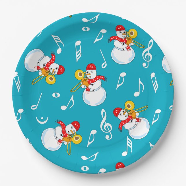 Trombone Snowman Music Notes Pattern Paper Plates (Front)