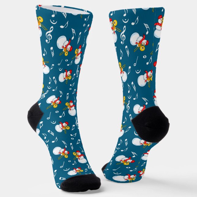 Trombone Snowman Music Notes Pattern Socks (Angled)