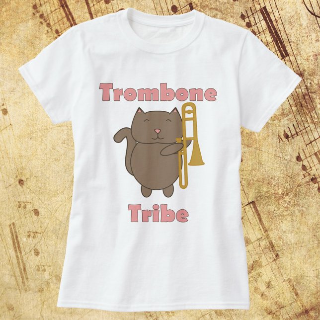 Trombone Tribe Cute Brown Cat Funny Pink T-Shirt (A shirt with a cat playing the trombone and the words trombone tribe.)