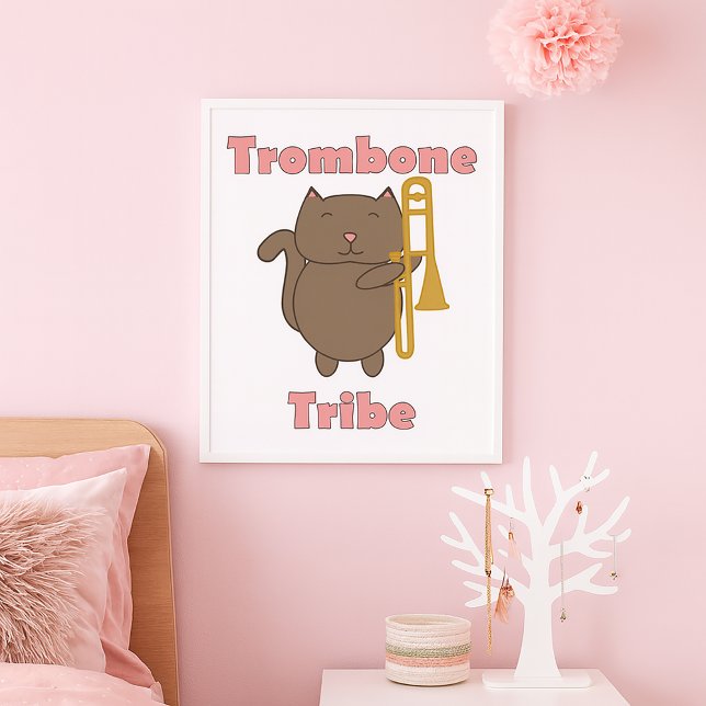 Trombone Tribe Cute Brown Cat Pink Letters Poster (A poster featuring a cute cat holding a trombone and the words trombone tribe in pink.)
