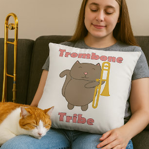 Trombone Tribe Cute Brown Cat Pink Letters Throw Pillow
