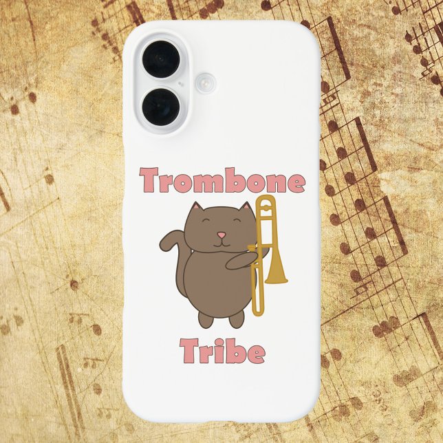 Trombone Tribe Cute Cat Musician Pink Case-Mate iPhone Case (A phone case with a cute kitty cat holding a trombone with the words trombone tribe.)