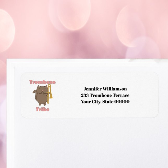 Trombone Tribe Cute Cat Personalize Return Address Label (A return address label with a cat holding a trombone and the words trombone tribe.)