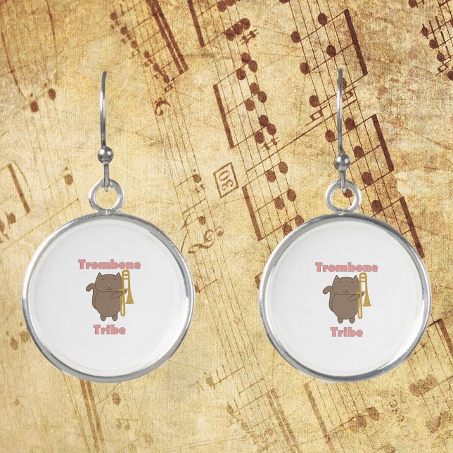 Trombone Tribe Cute Cat Pink Letters Earrings (A pair of earrings featuring a brown cat with a trombone and the words trombone tribe in pink.)