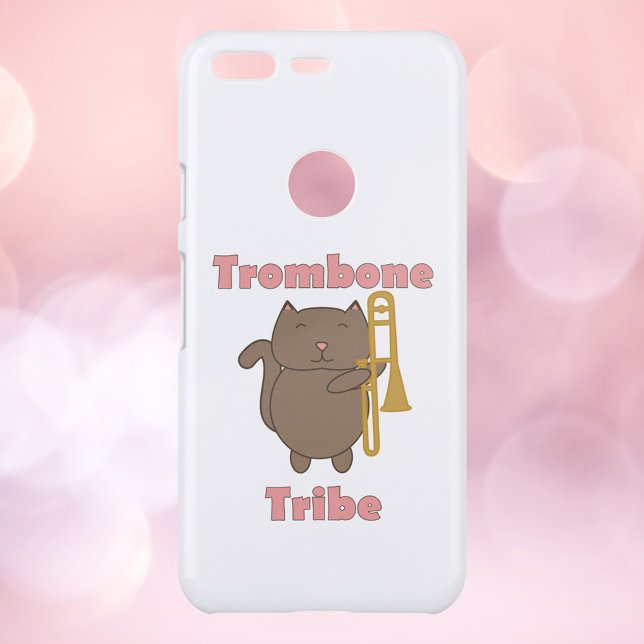 Trombone Tribe Cute Cat Pink Letters Uncommon Google Pixel Case (A phone case with a brown cat holding a trombone and the words trombone tribe in pink.)
