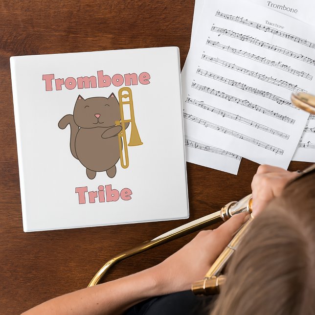 Trombone Tribe Funny Cat Music Pink Letters 3 Ring Binder (A binder with a brown cat holding a trombone with the words trombone tribe.)