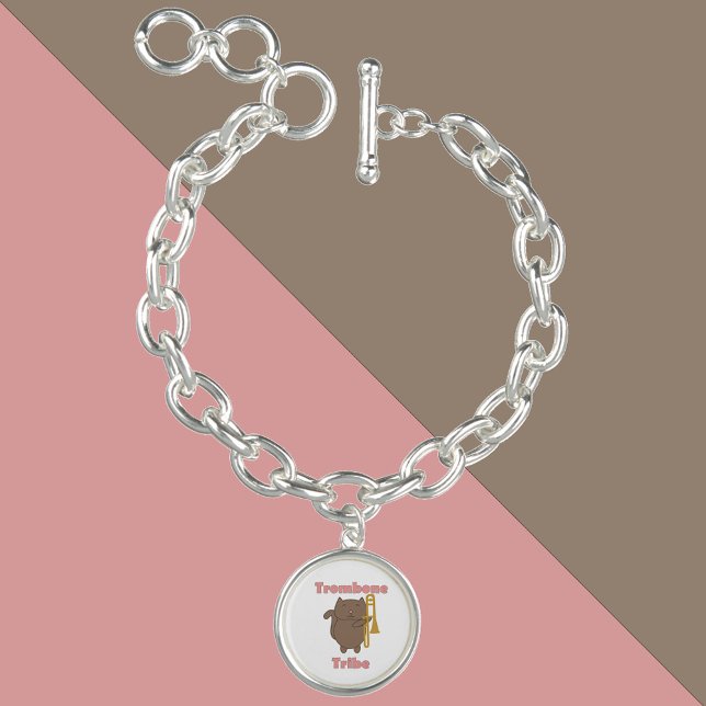 Trombone Tribe Funny Kitty Cat Pink Bracelet (A charm bracelet with a brown cat holding a trombone and the words trombone tribe in pink.)