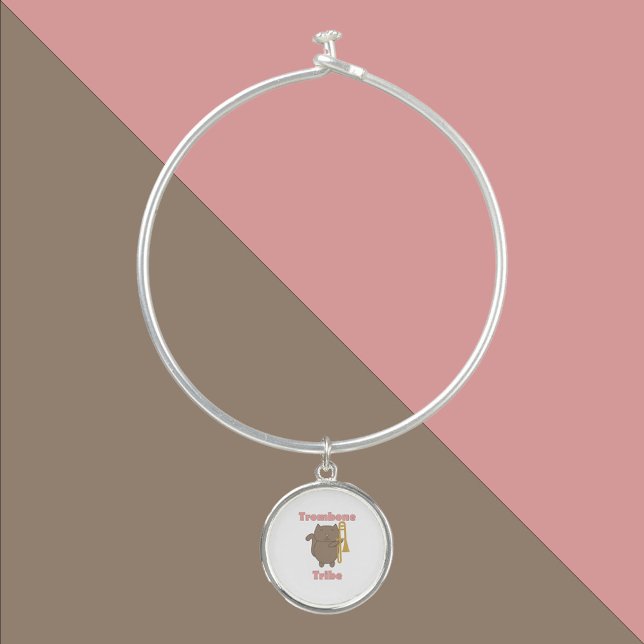 Trombone Tribe Kawaii Kitty Cat Bangle Bracelet (A bracelet featuring a brown cat and a trombone with the words trombone tribe in pink.)